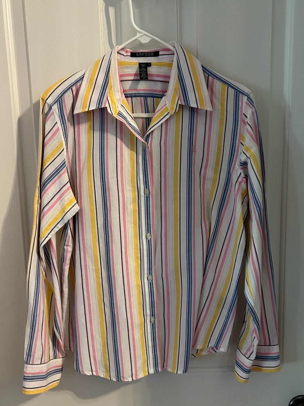 Ralph Lauren cotton linen button down bright striped top, size large